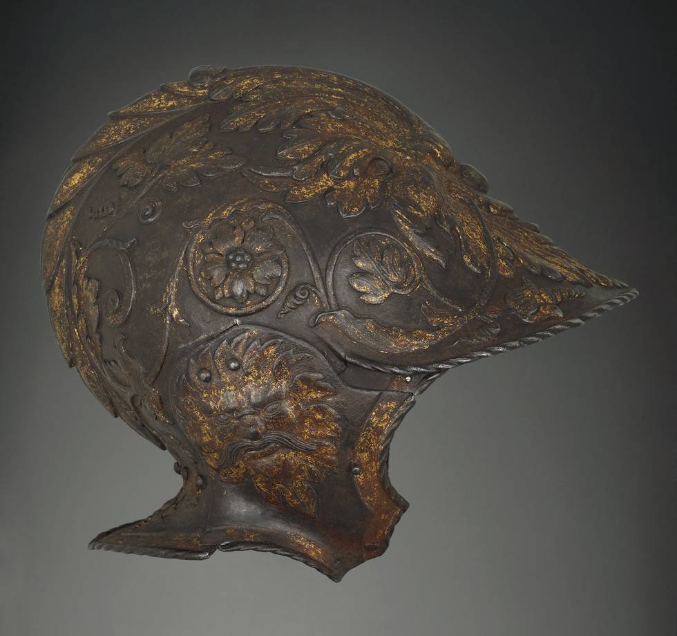 Photograph of the side profile of a floral helmet