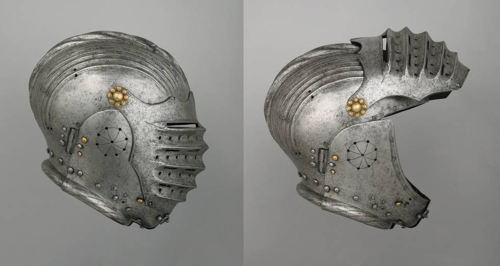 Two images of a sixteenth-century helmet with its visor raised and closed