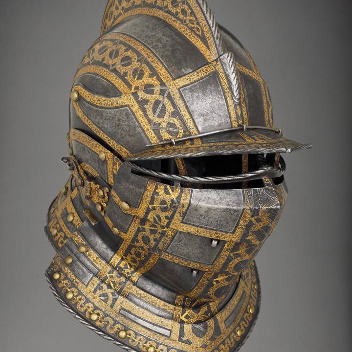 Sixteenth-century helmet with visor and gold detailing