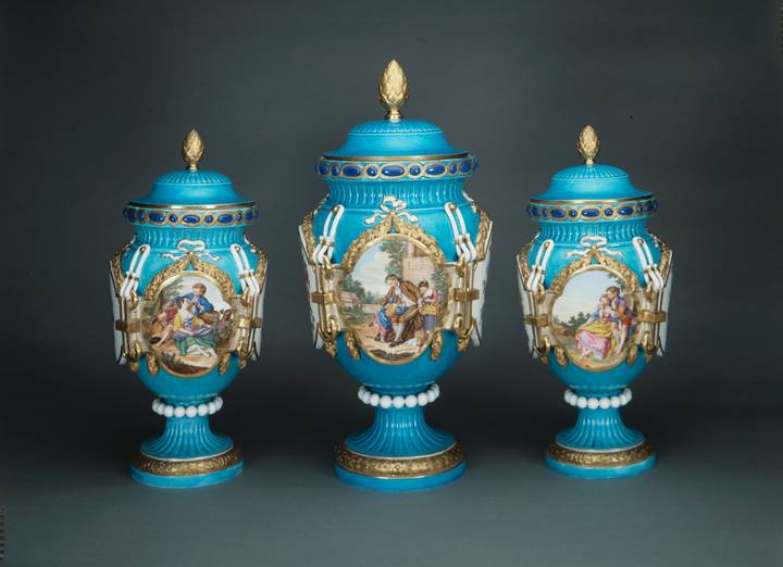 Garniture of three vases and covers, Sèvres manufactory, about 1779 (C264–6).
