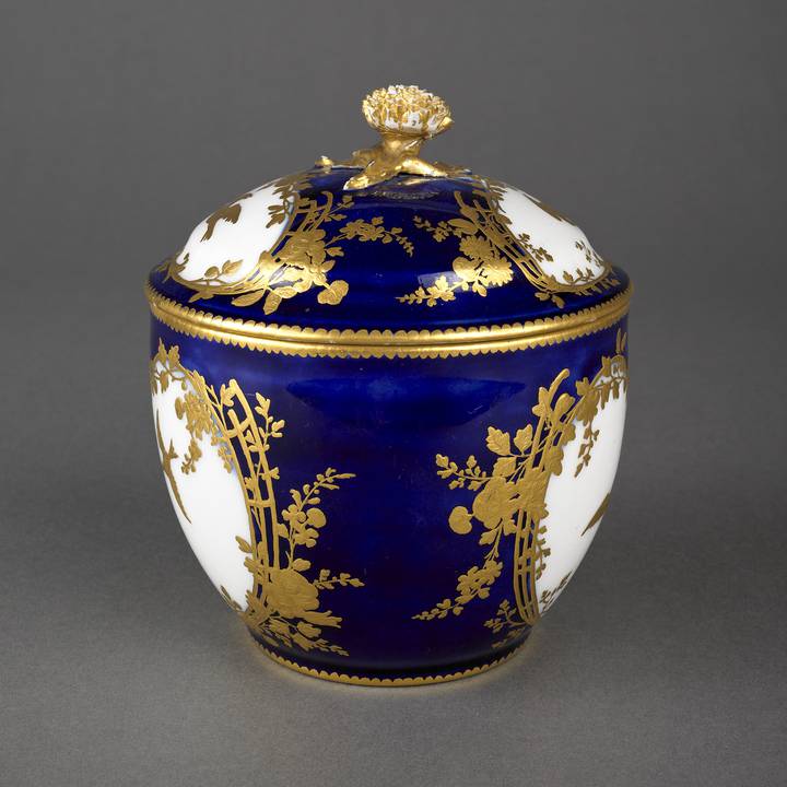 Royal blue Sevres porcelain sugar bowl with cover