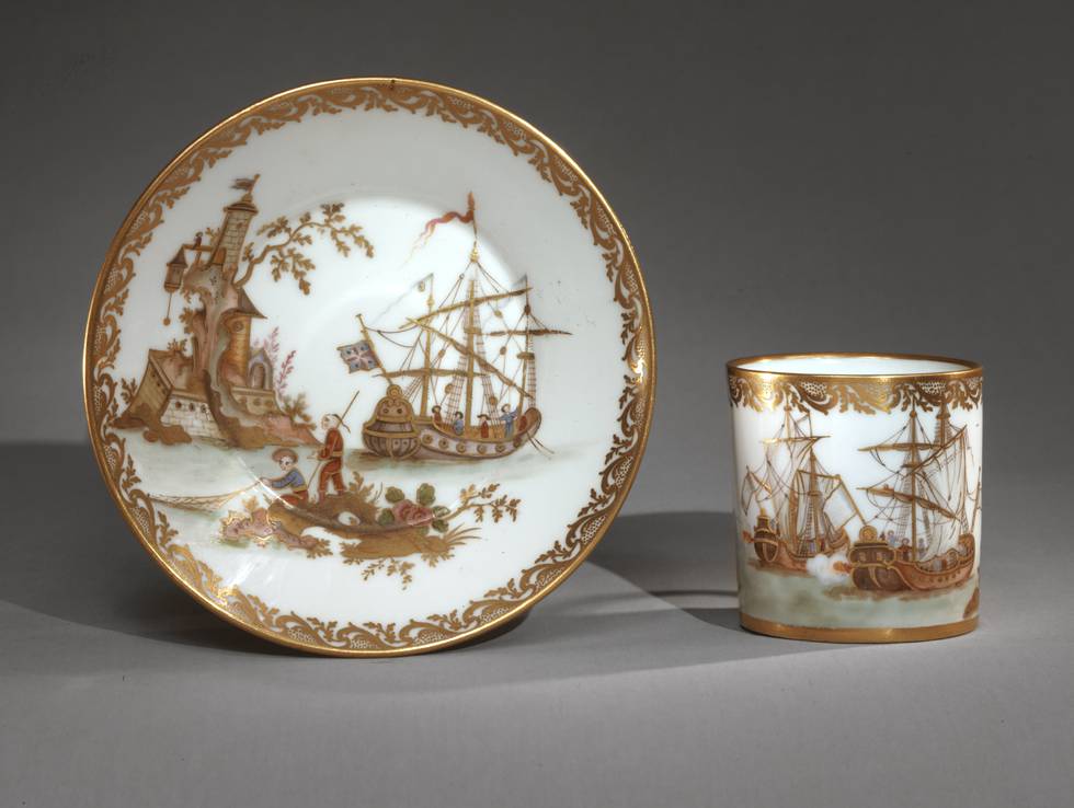 Cup and saucer from tea service with illustrations of ships
