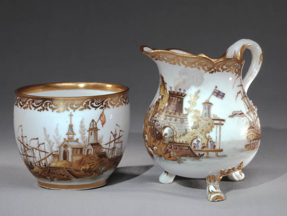 Jug and bowl from tea service with illustrations of ships at port