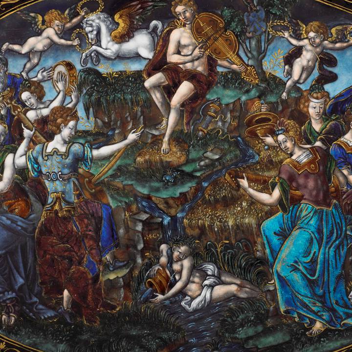 Detail of dish with group of figures depicting a myth