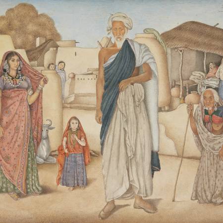 A painting of multiple figures in a village