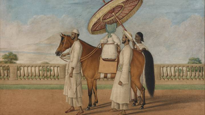 A painting of a child on a horse, surrounded by three figures