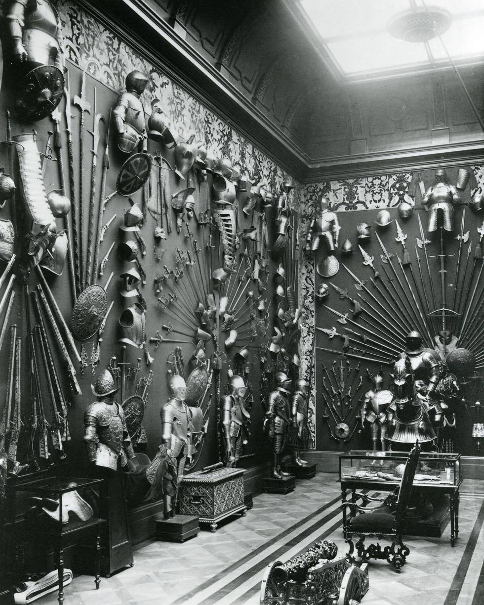 Black and white photo of European Armoury at The Wallace collection1890