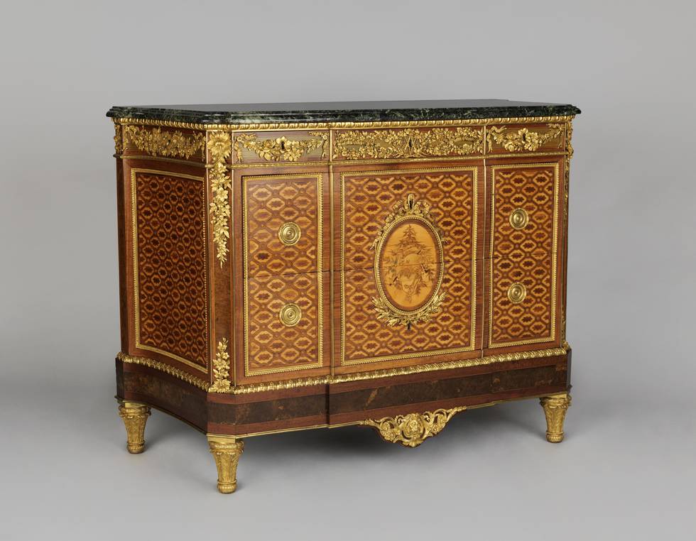 Wooden chest of draws with three compartments, gilt-bronze foliage detailing