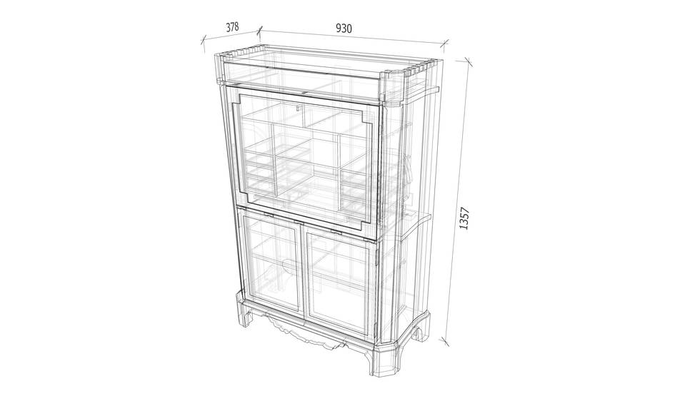 An isometric drawing of a burr yew-veneered fall-front desk