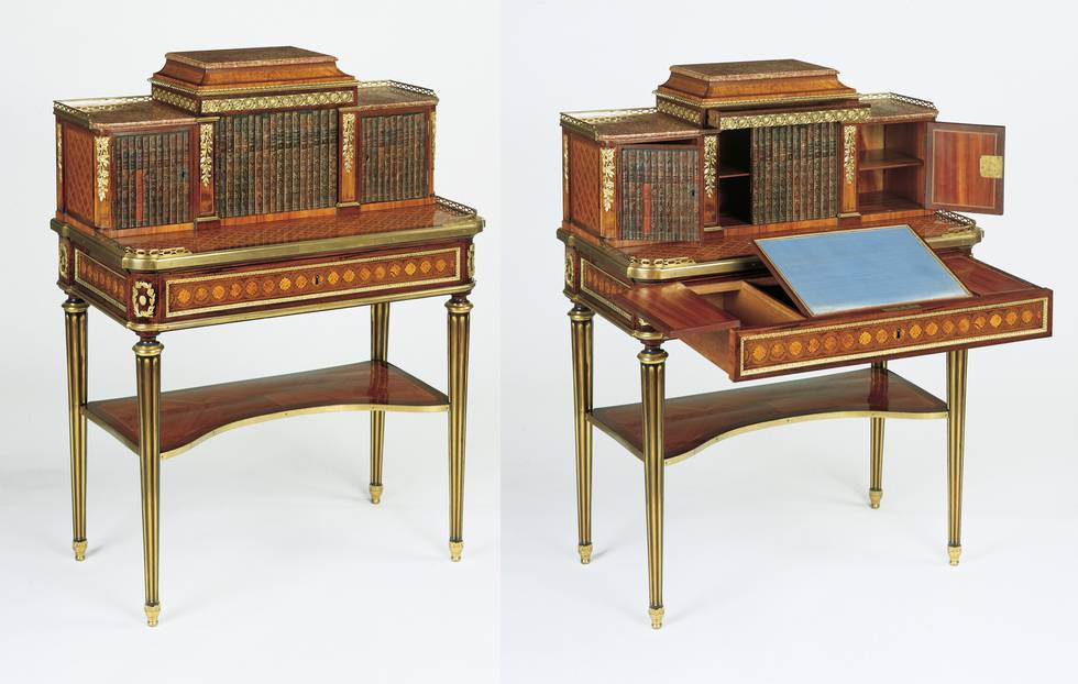 Two images of wooden writing-table with draws and cupboard doors open