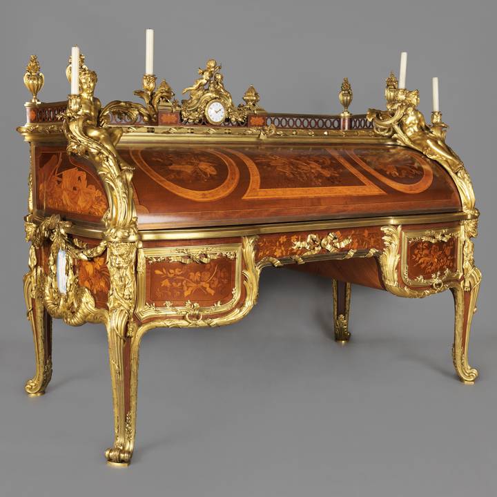 A marquetry roll-top desk, open