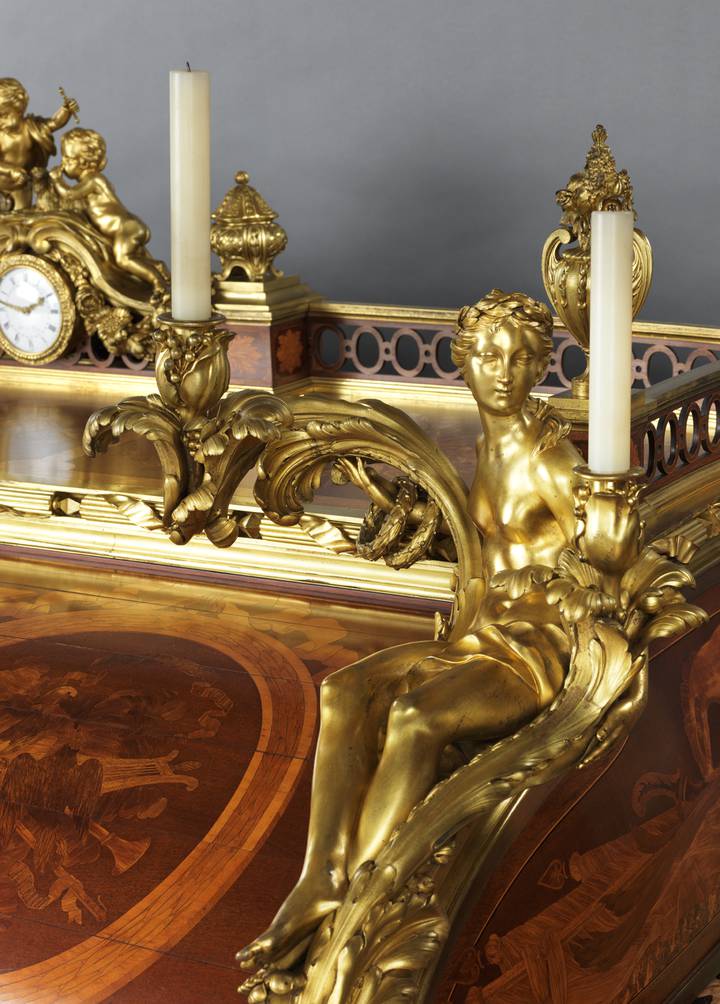 Detail of gilt-bronze candle branch representing Calliope. Roll-top desk (F460).