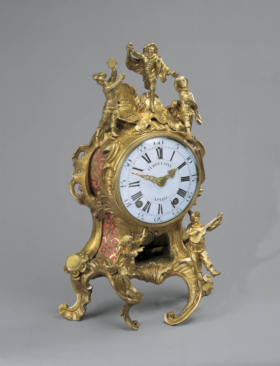 Gilt bronze clock with statues of five comedy figures