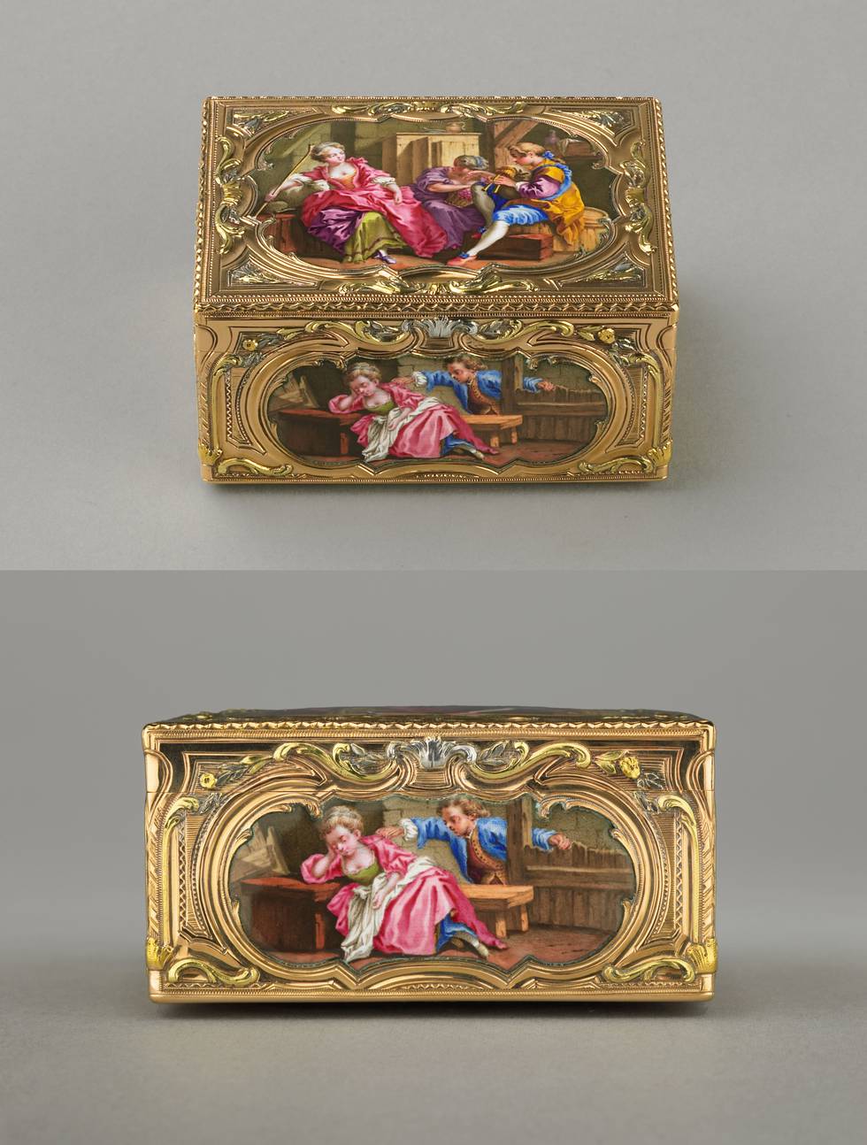 Gold and enamel box, images of a shepherdess on all sides.