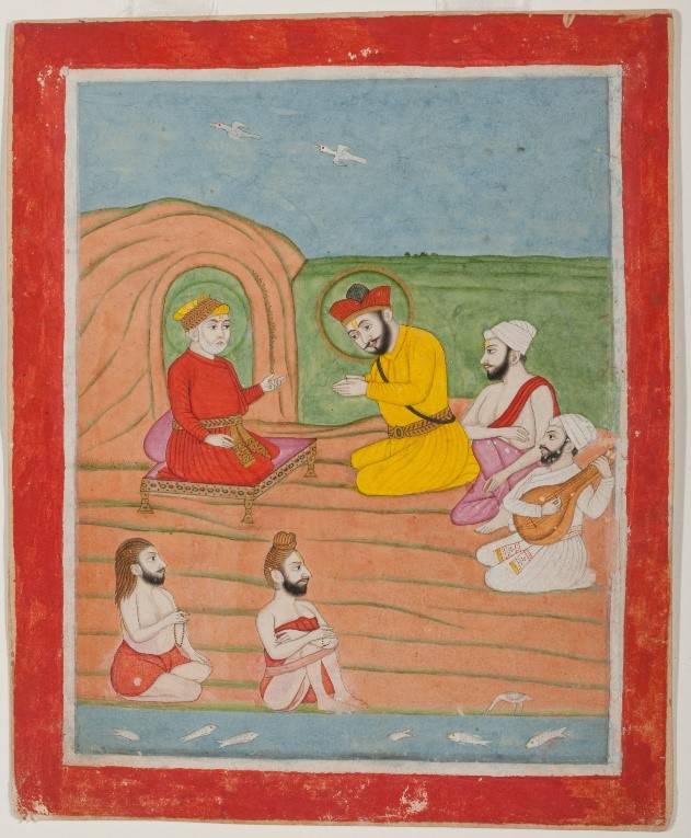 Guru Nanak meets the poet Kabir, page from a manuscript of the Janam Sakhi (Life Stories), approx. 1755–1770. India or Pakistan; Punjab region. Opaque watercolours and gold on paper. Asian Art Museum of San Franisco, Gift of the Kapany Collection, 1998.58.28. Photograph © Asian Art Museum of San Francisco.