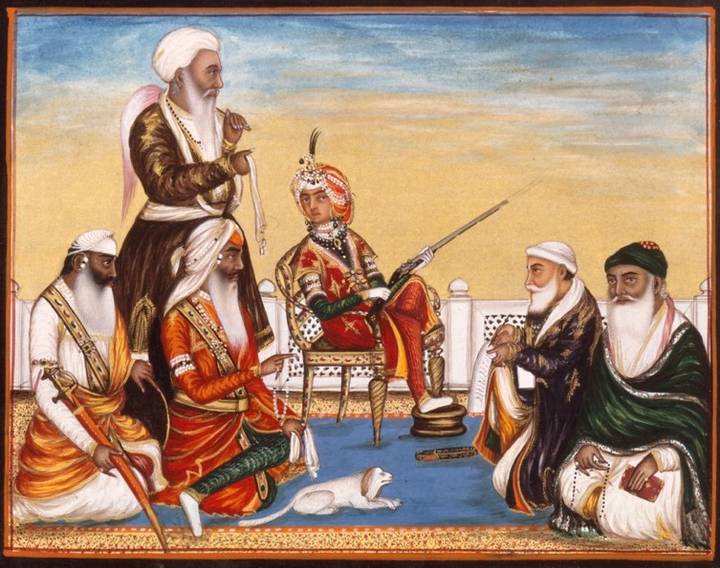 Hasan al-Din, The durbar of December 1845 with Maharaja Duleep Singh seated on a chair holding a gun. From the British Library Collection: Add Or 710.