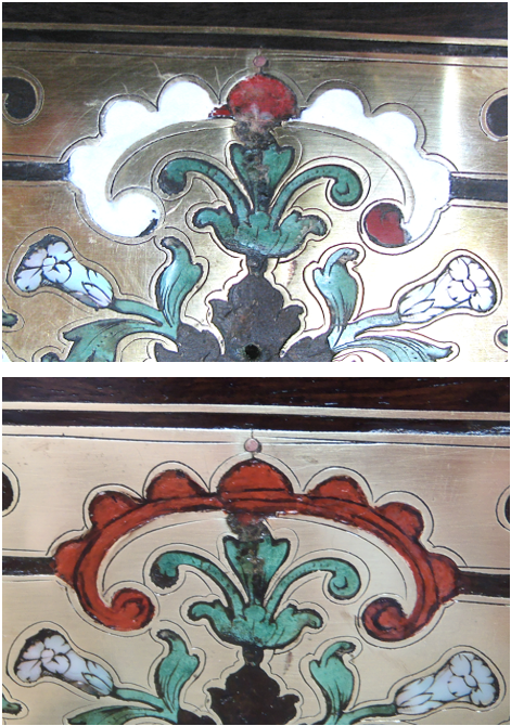 Detail of chest of drawers (F406) showing areas of repair.