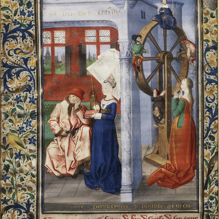 An image of an illuminated manuscript showing three figures and a wheel of fortune