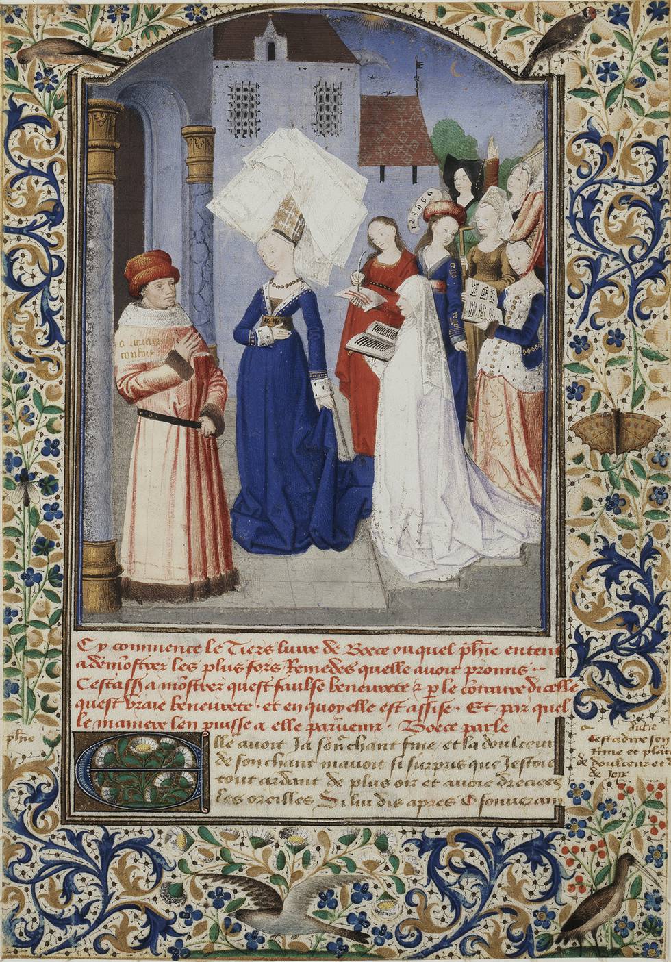 A miniature depicting multiple figures against a castle