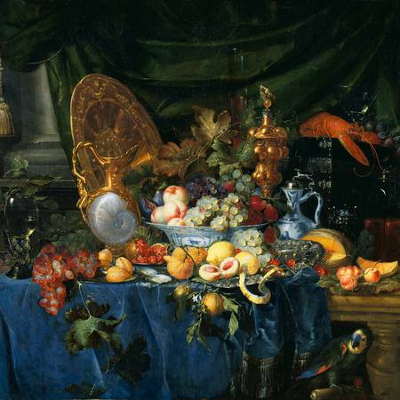 Still life of fruit, lobster and jug on table