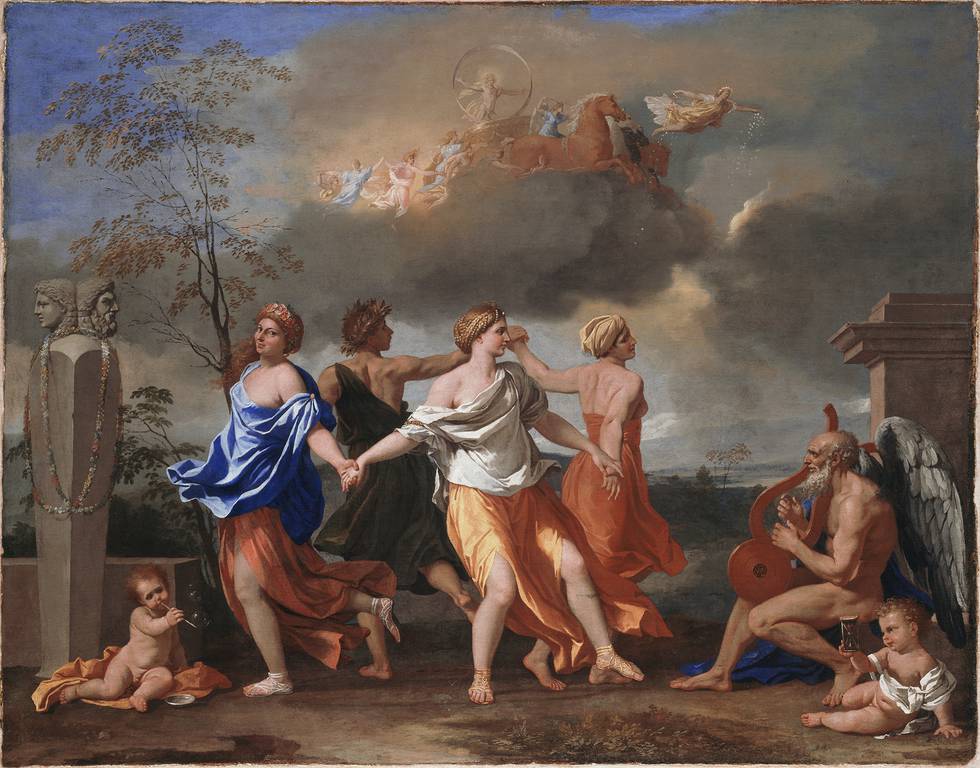 Four figures dancing in a circle with horse drawn carriage in the sky