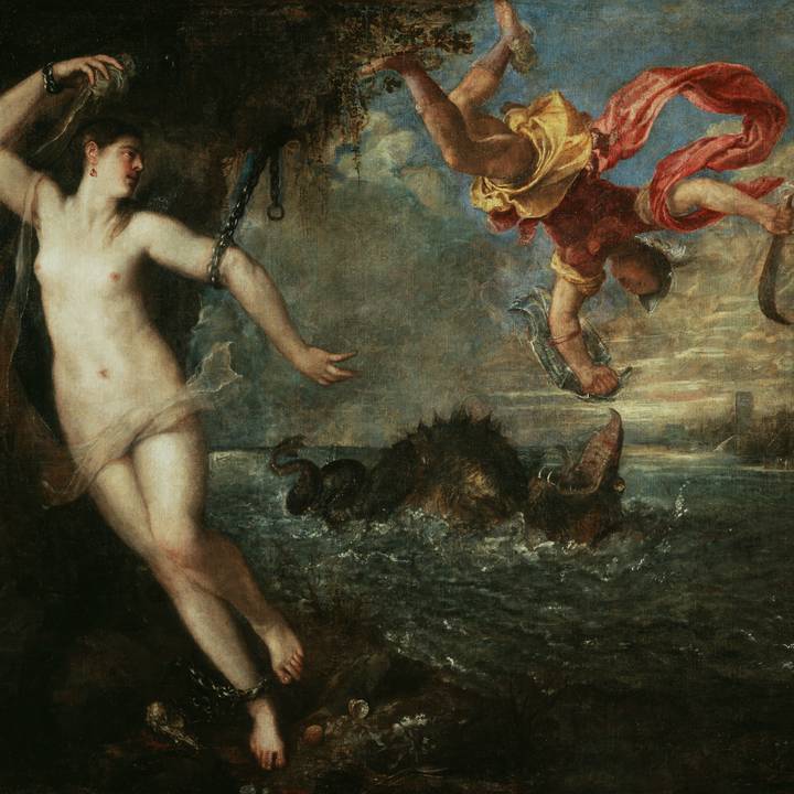 Sixteenth-century painting of a naked woman and a man fighting a sea creature