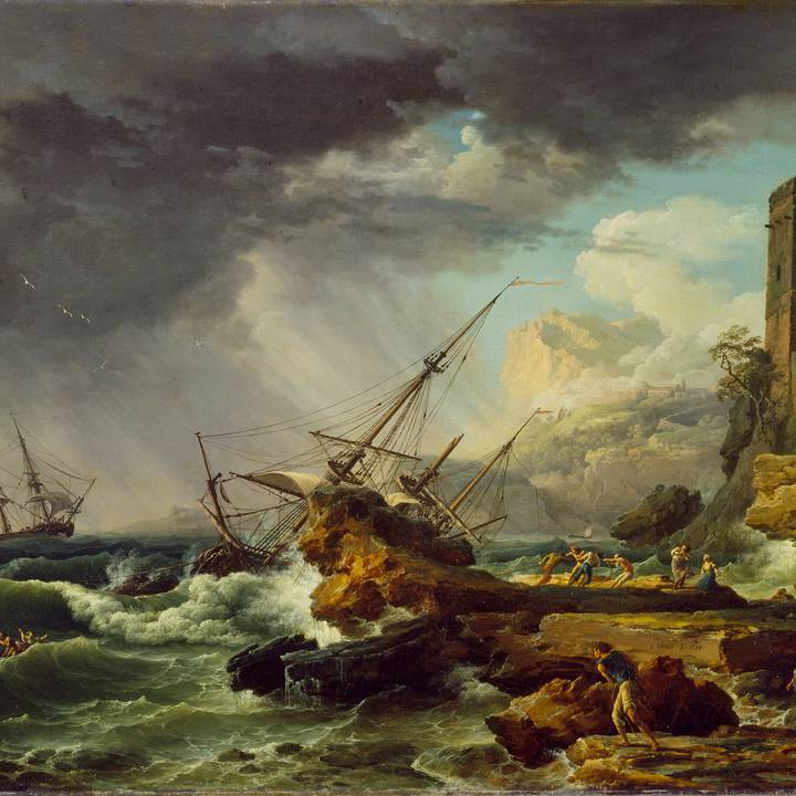 Seascape of a shipwreck by rocks in a storm