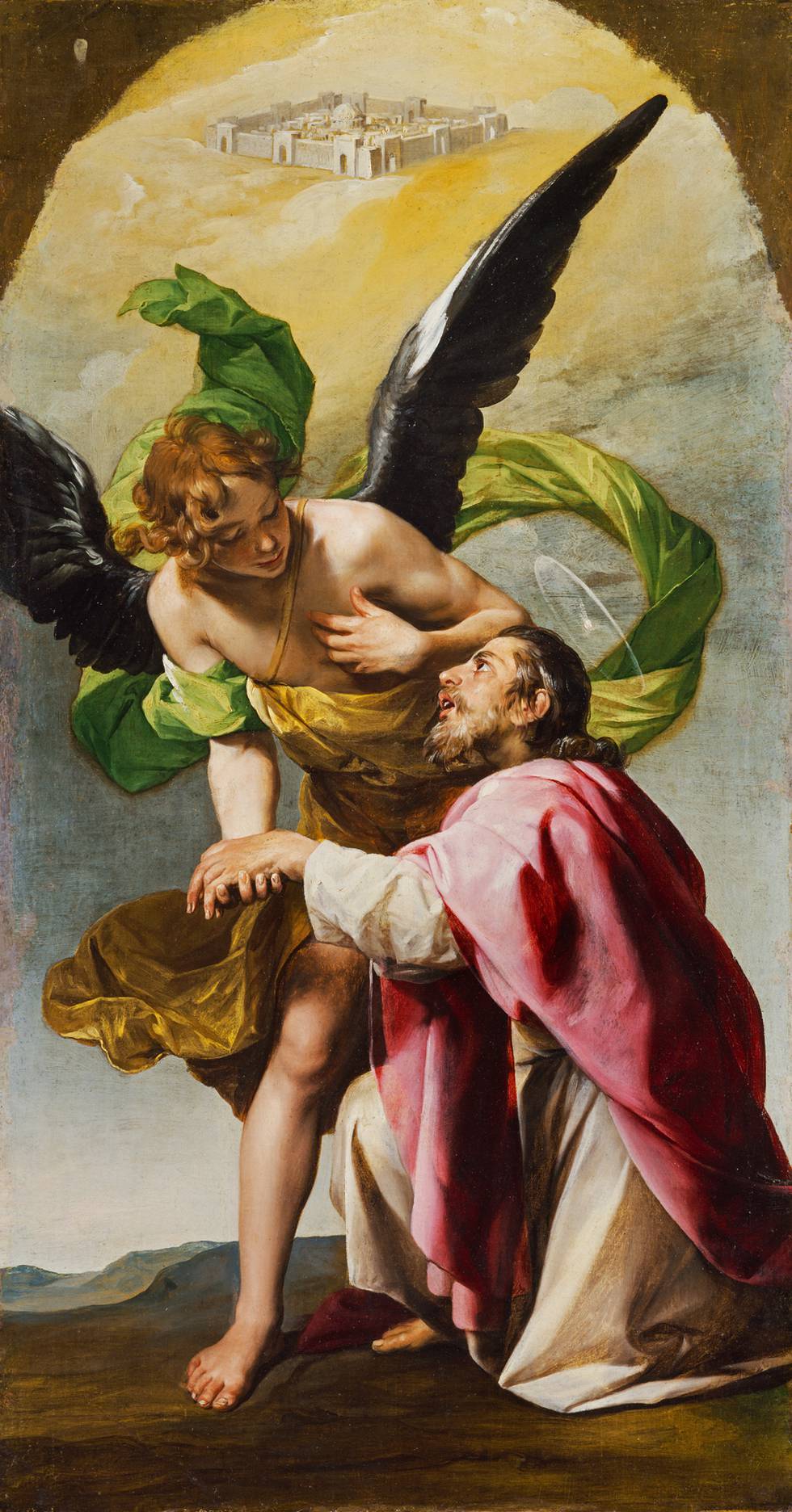 Angel guides man who kneels in front of him
