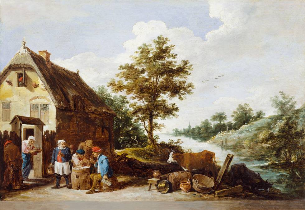 A painting showing figures outside a country inn