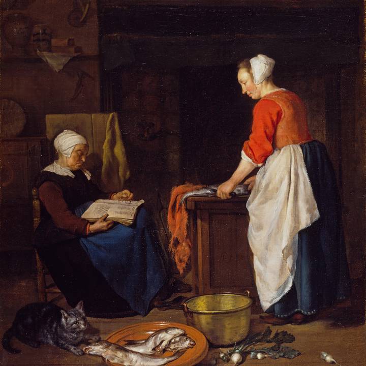 Women asleep reading bible, cat watching women prepare fish
