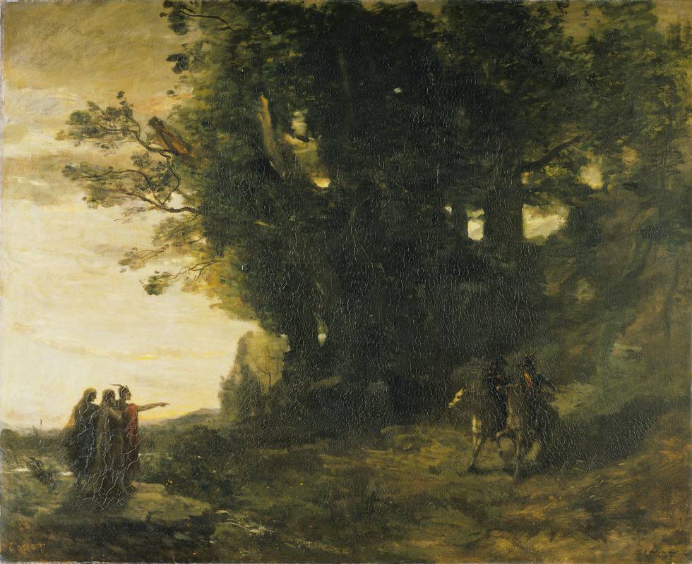 Landscape of two men on horses meeting 3 witches