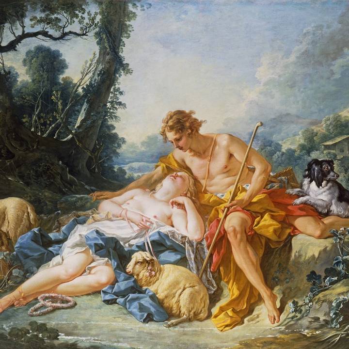 Shepard and women lie together in a rural setting