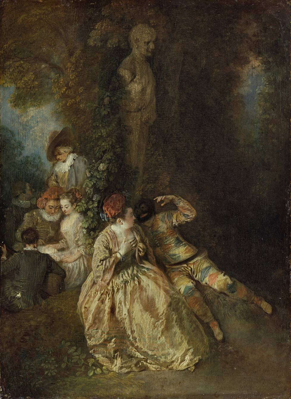 A painting of a group of figures in a wooded landscape