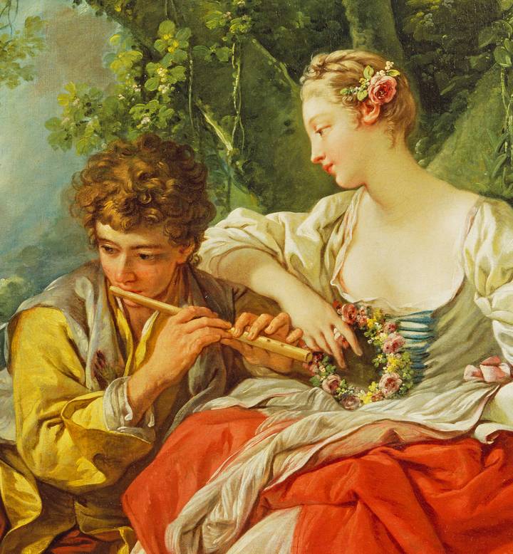Detail showing couple, François Boucher, Shepherd Piping to a Shepherdess, c. 1747-1750 (P399)