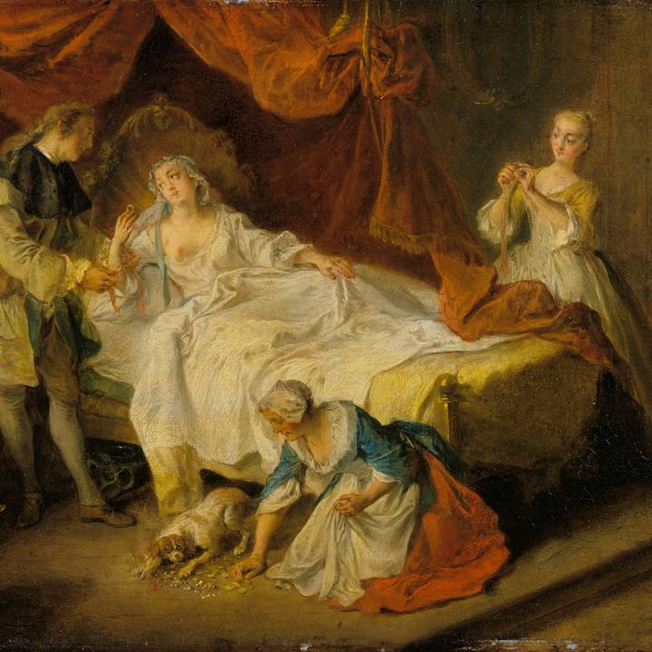 Painting of man standing by women in bed, two maids collecting coins
