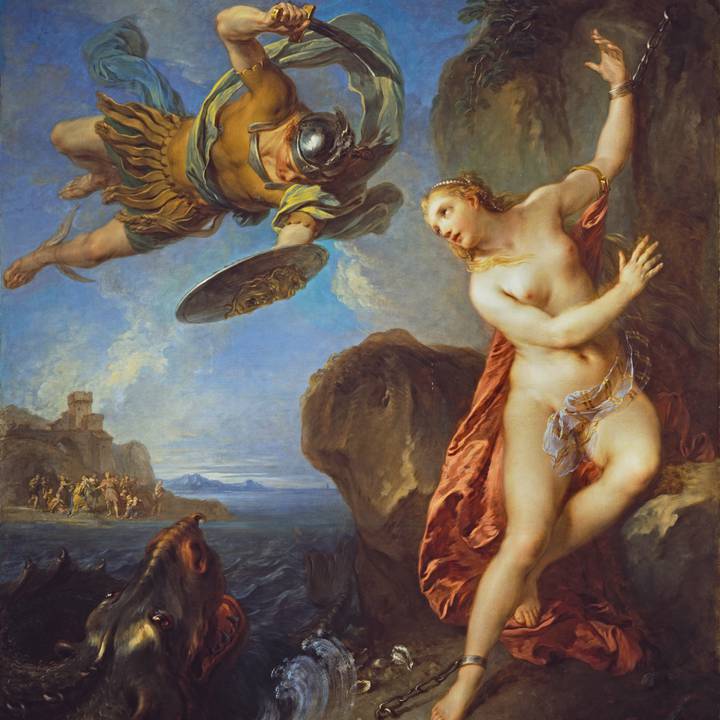 Women chained to rock as Perseus fights a sea monster