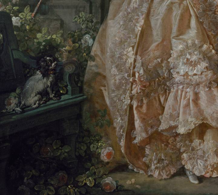 Detail showing dog and dress, François Boucher, Madame de Pompadour, 1759 (P418)