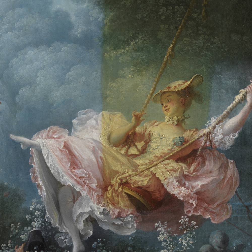 A detail of a painting of a woman on a swing