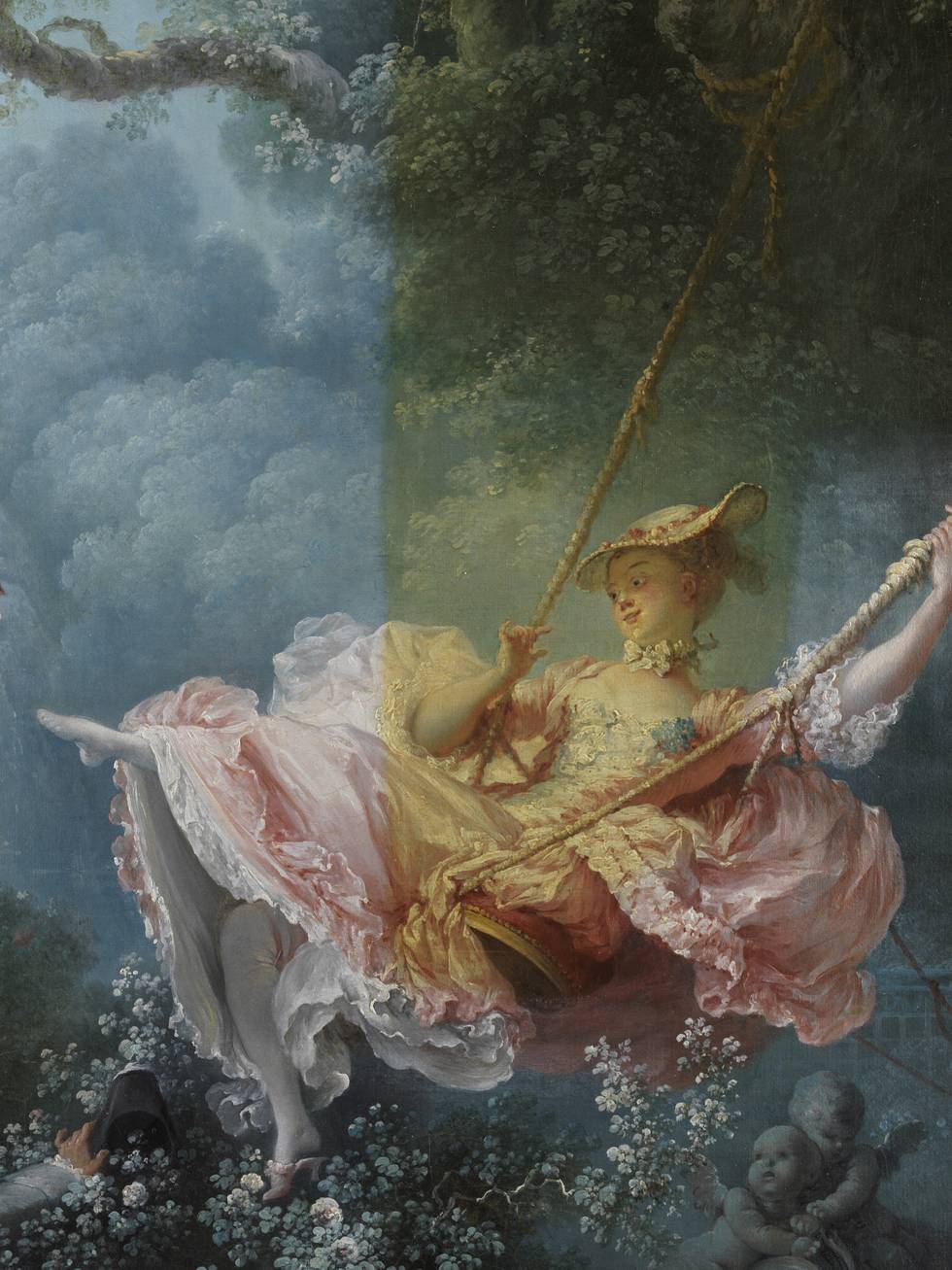 A detail of a painting of a woman being pushed on a swing by two men