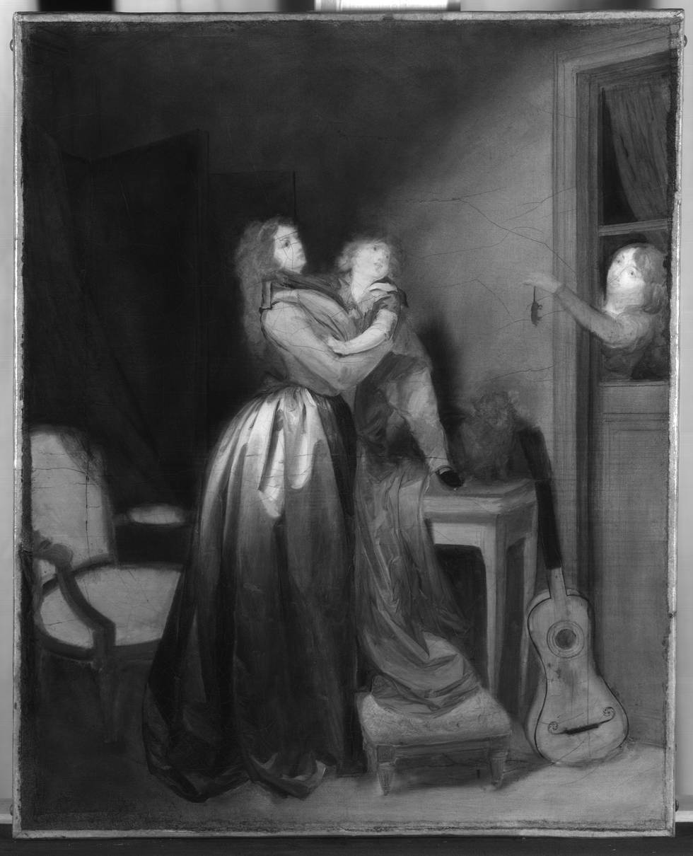 Black and white underdrawing of women and child recoil from women holding mouse