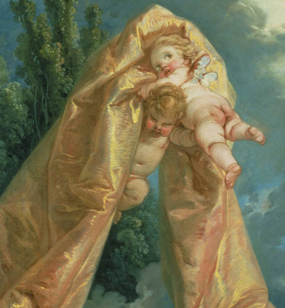 Detail of two putti in the sky holding orange curtain
