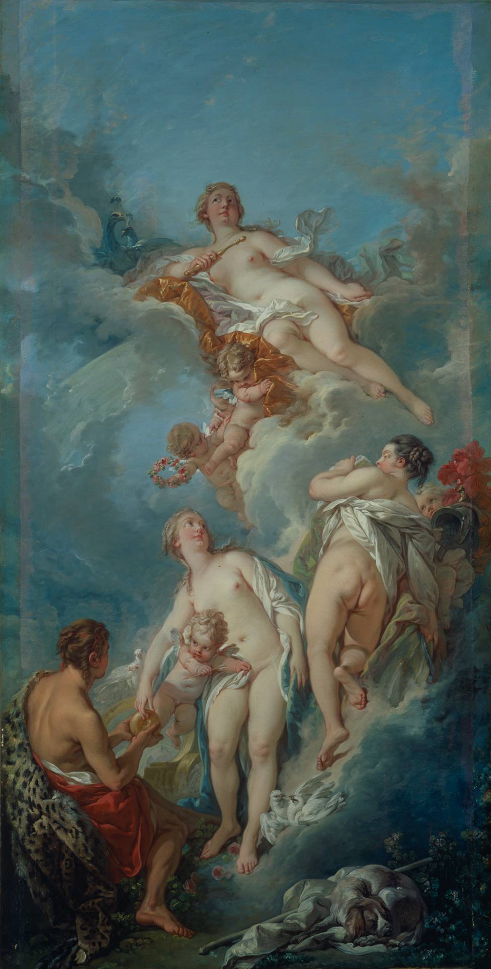 Surrounded by clouds man offers gold apple to woman as two others leave the scene