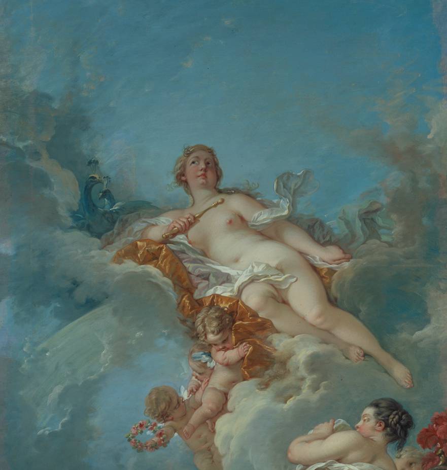 Detail of naked women lying on clouds with two putti
