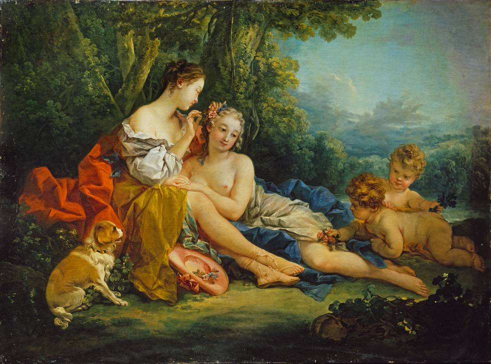 Two Shepherdesses and putti sitting in rural setting