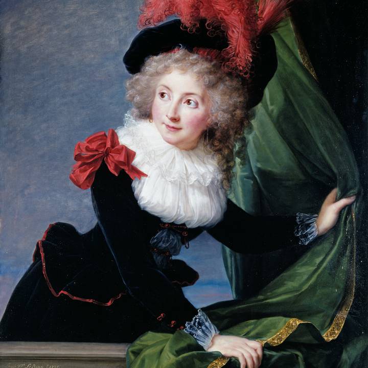 Three-quarter length portrait of a women leaning over balcony with curtain