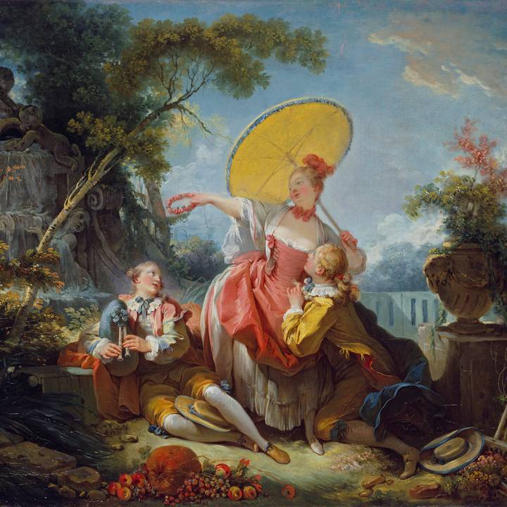 A women offers a crown of roses to two men