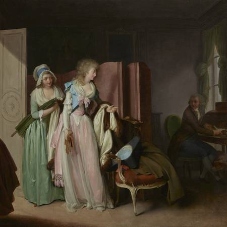 A painting of three figures in an interior