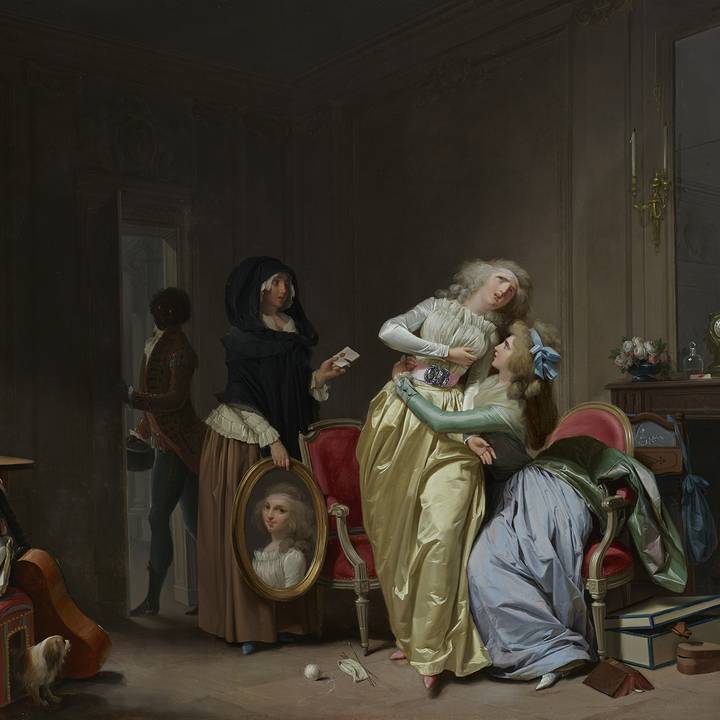 Upset women is comforted by maid as a portrait and letter are returned to her