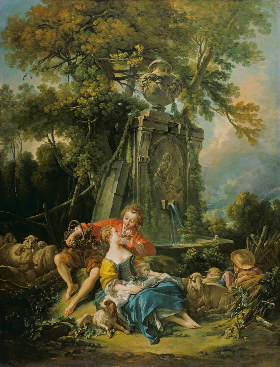 Shepard feeds grapes to women sitting by fountain in rural setting