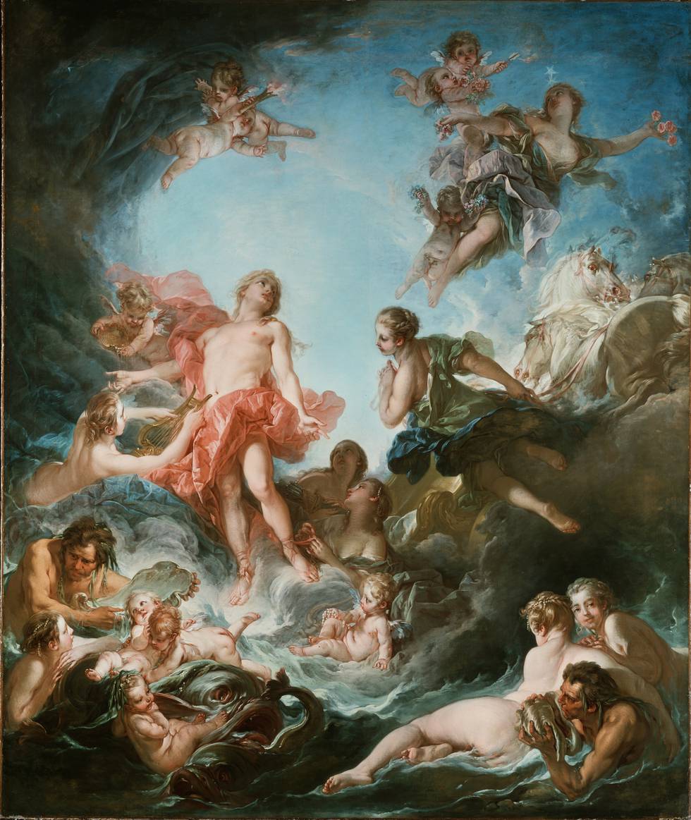 Half naked figures float surrounded by clouds and water